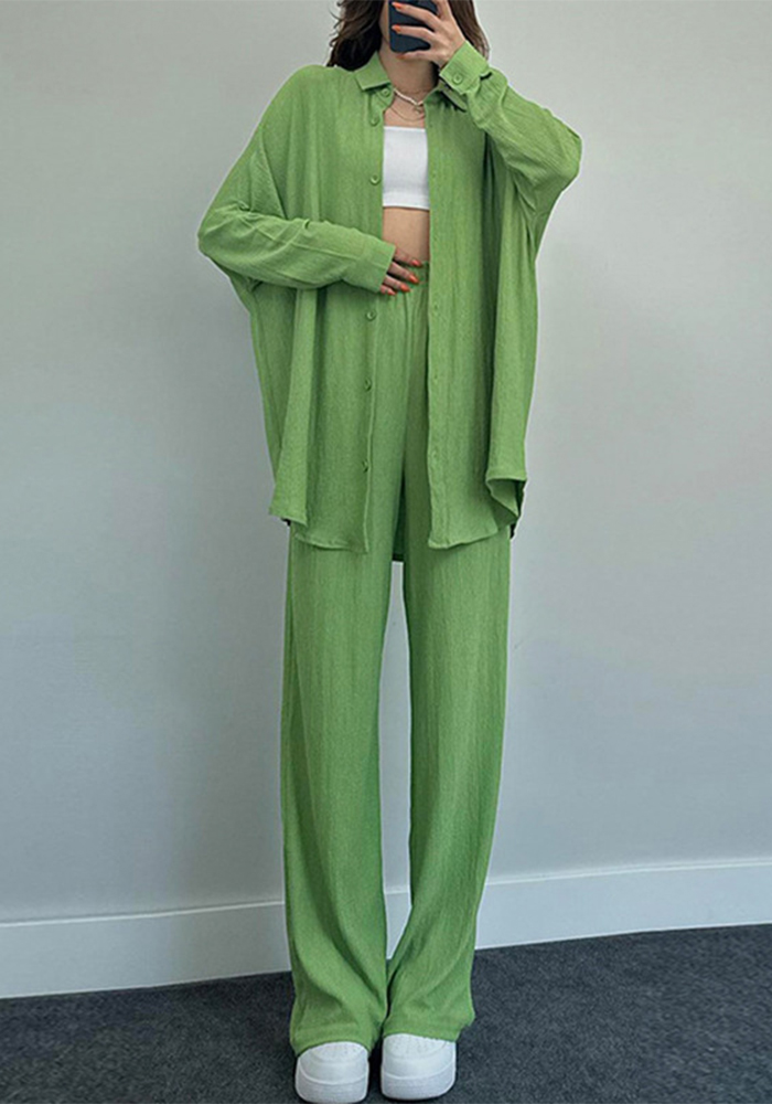 Women's Summer Chic Solid Long Sleeve Shirt Coat Wide Leg Pants Casual Two-Piece Set