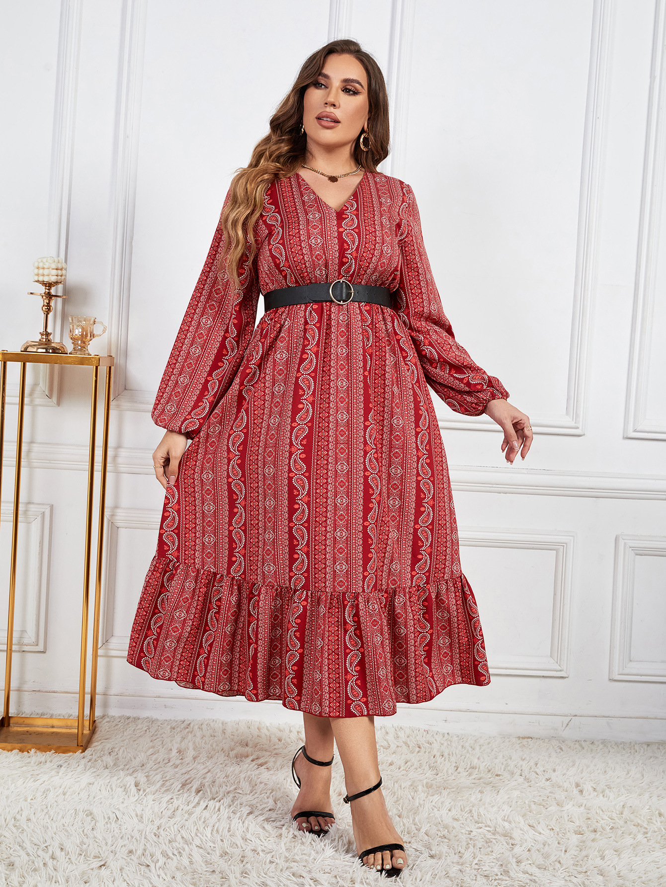 Women Solid Lace-Up V-Neck Long Sleeve Dress