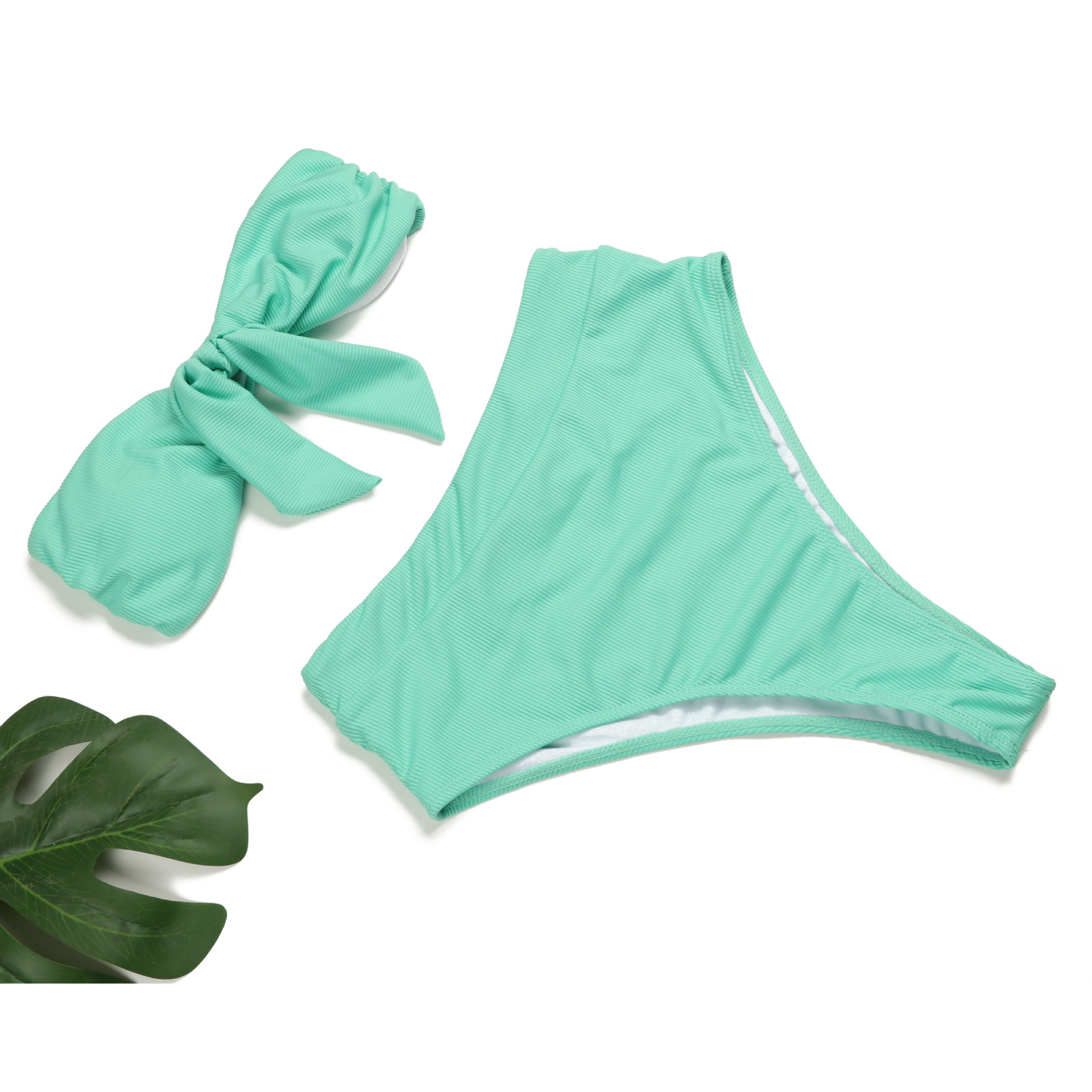 High Waist Women Two Pieces Bikini Strapless Ribbed Swimsuit