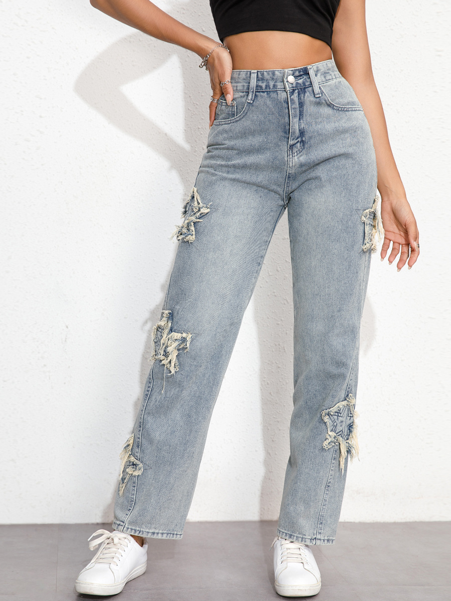 Women's Loose Wide Leg Sexy High Waist Letter Ripped Plus Size Denim Pants