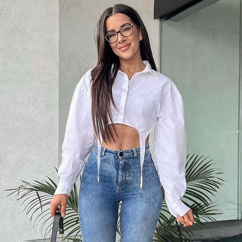 Women's Summer Casual Solid Turndown Collar Button Down Crop Shirt Slim Fit Long Sleeve Top