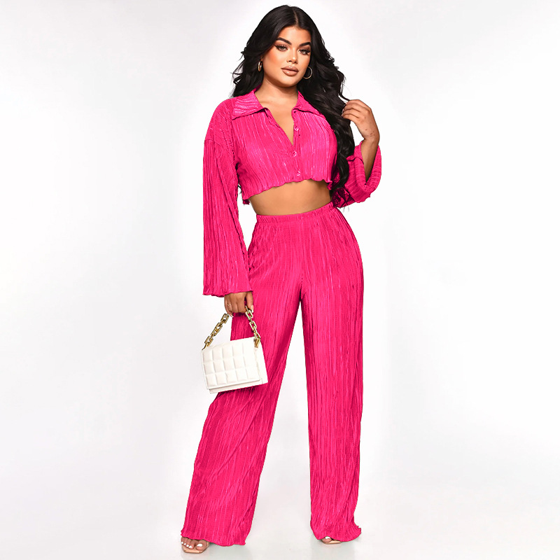 Women Solid Sexy Shirt and Casual Pants Two Piece Set