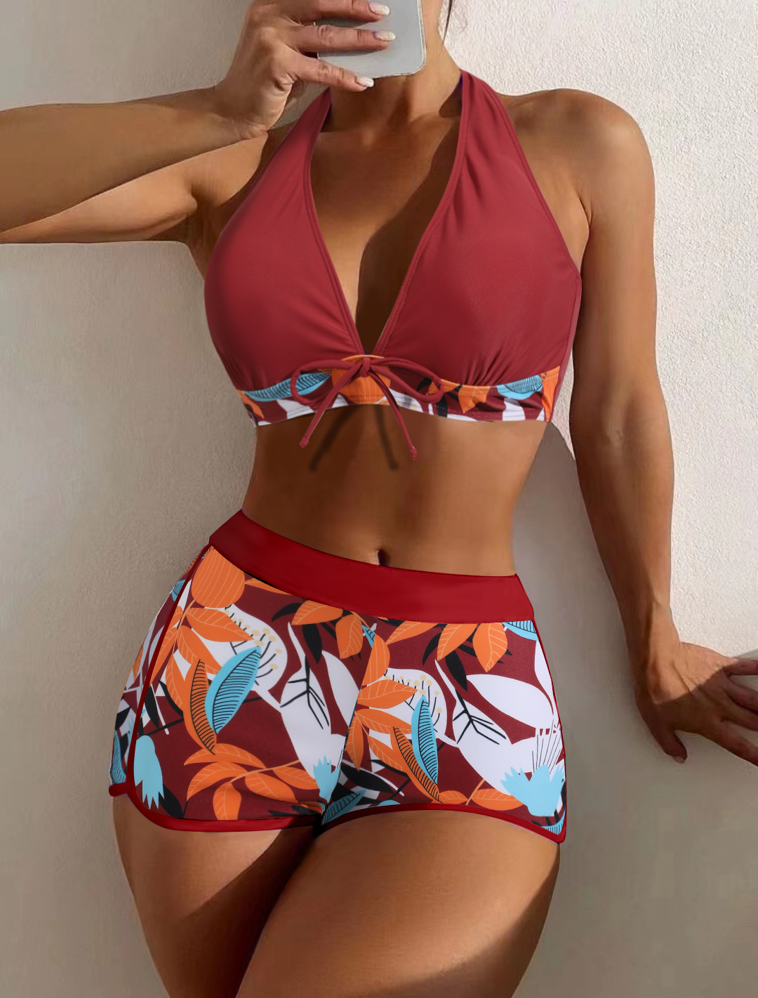 Women's Swimsuit Two Pieces High Waist Patchwork Tie Square Leg Varsity Sport Surf Bikini