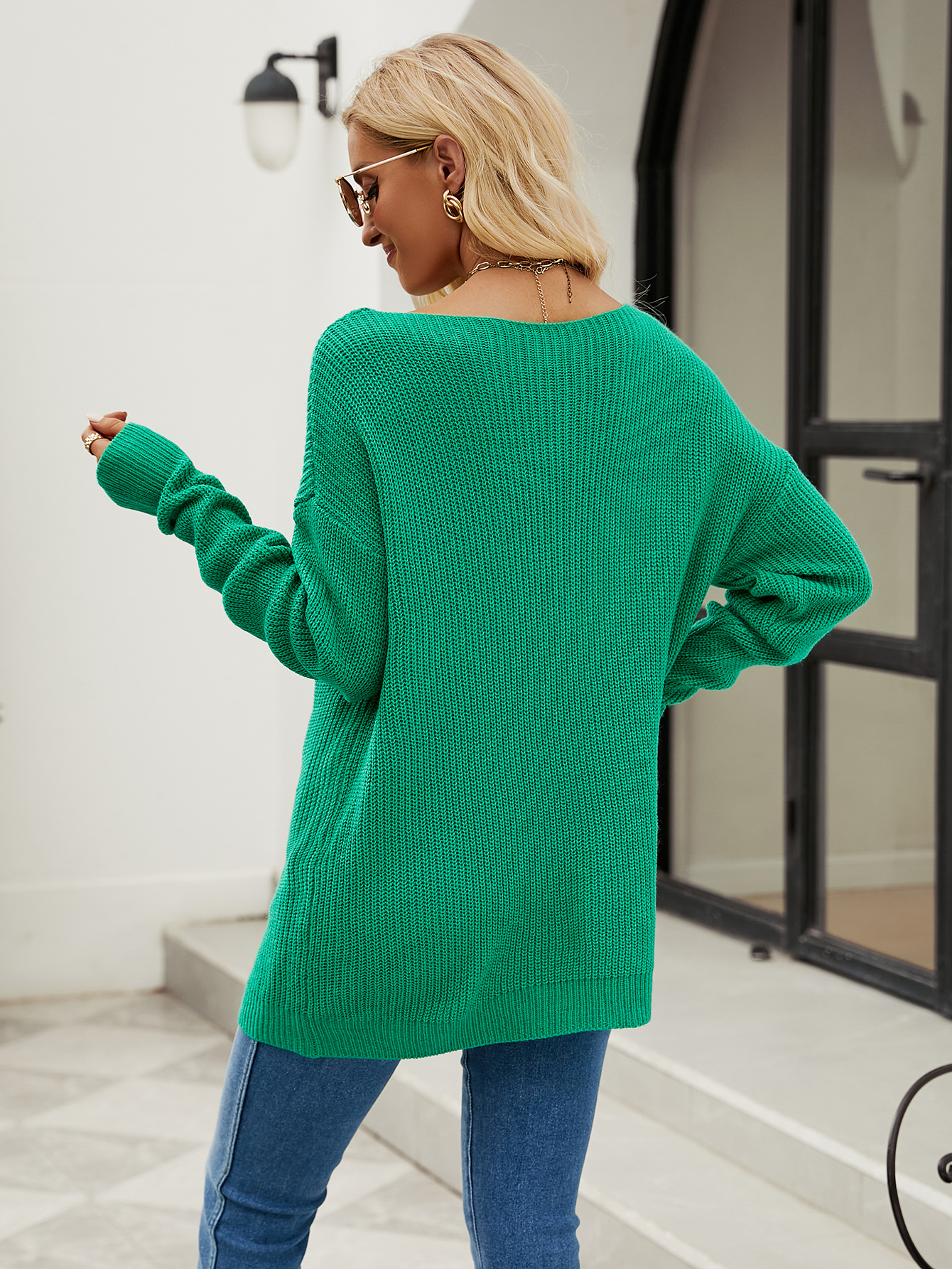 Women Solid Button Rope Knitting Oversized Sweater