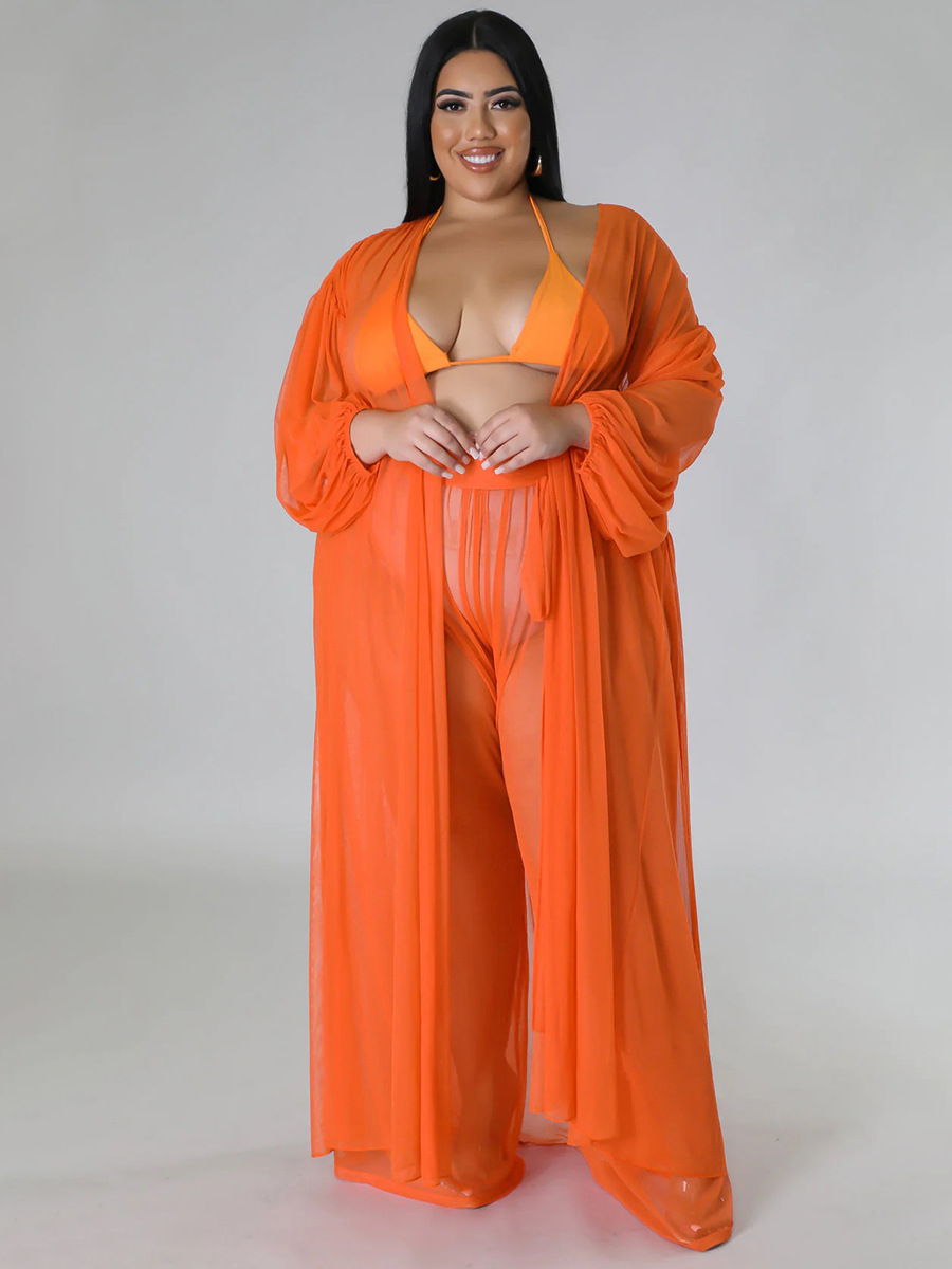 Women's Solid Bat Sleeves Sexy See-Through Long Sleeve Plus Size Two-Piece Pants Set