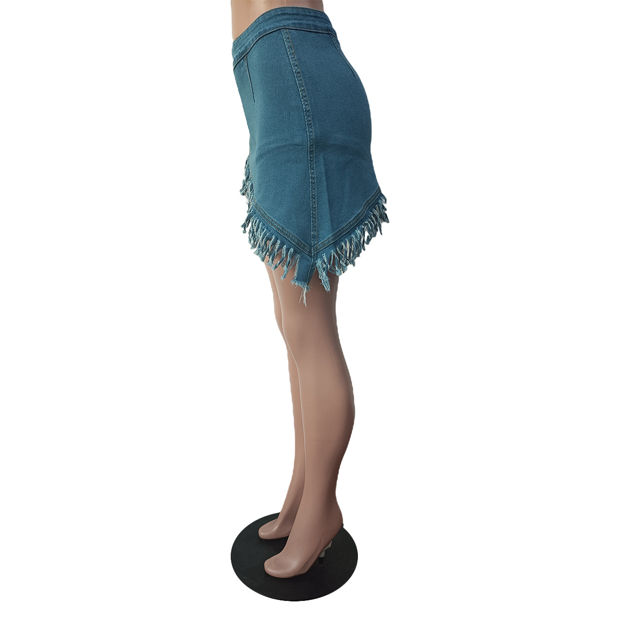 Women Denim Stretch Diagonal Apron Fringed Shorts