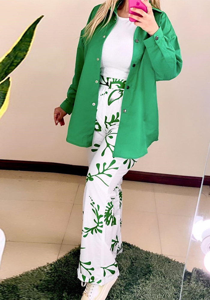 Women's Fall Chic Casual Long Sleeve Turndown Collar Shirt Print High Waist Side Pocket Casual Set