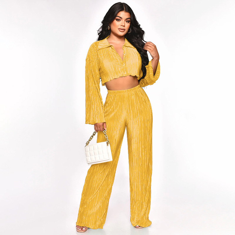 Women Solid Sexy Shirt and Casual Pants Two Piece Set