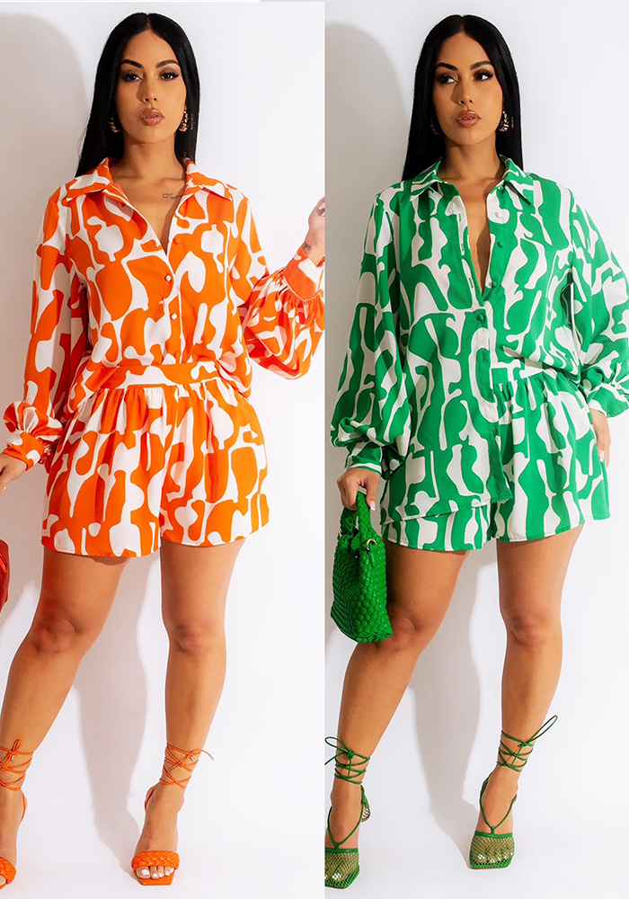 Summer Women Casual Loose Long Sleeve Top and Shorts Two Piece Set