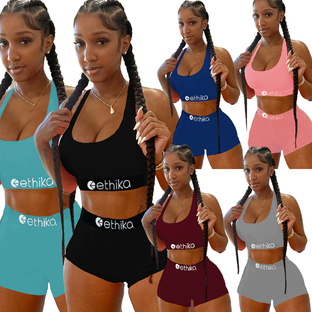Women Solid Letter Print Top and Shorts Sport Two-Piece Set
