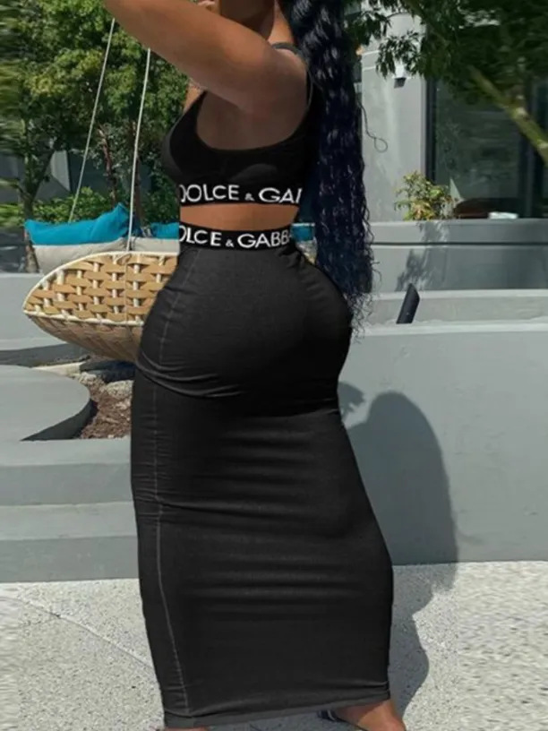 Women Summer Casual Letter Webbing Tank Top and Skirt Casual Two Piece Set