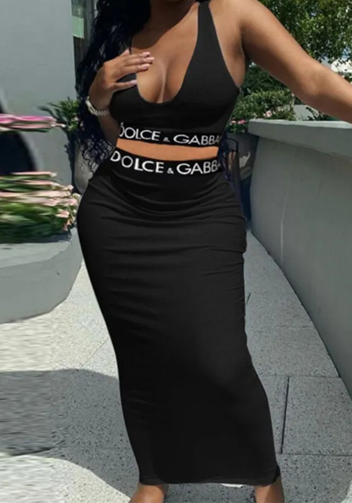 Women Summer Casual Letter Webbing Tank Top and Skirt Casual Two Piece Set