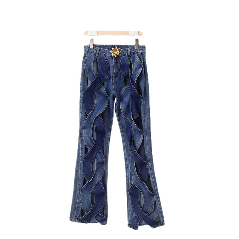 Women Summer Casual Cutout Metal Buckle Denim Pants