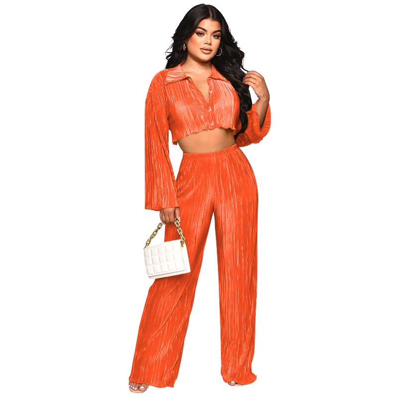 Women Solid Sexy Shirt and Casual Pants Two Piece Set