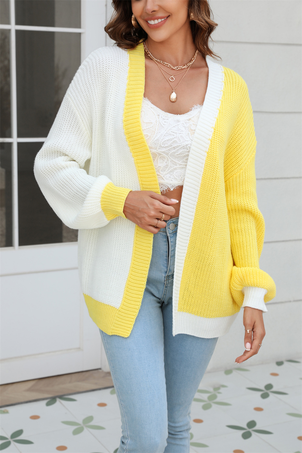 Plus Size Women Loose Patchwork Colorblock Knitting Cardigan Sweater