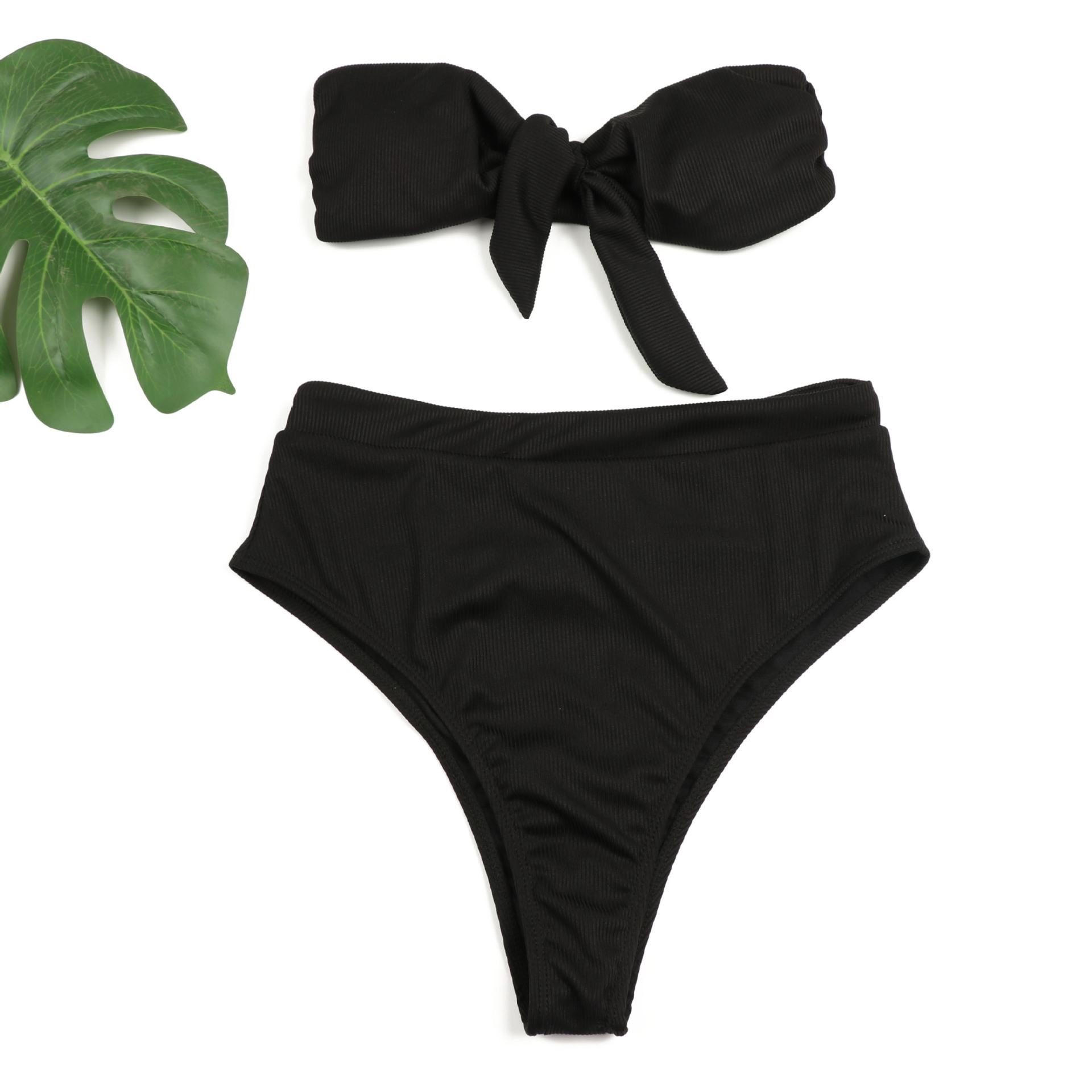 High Waist Women Two Pieces Bikini Strapless Ribbed Swimsuit