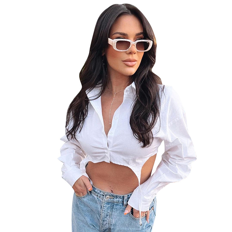 Women's Summer Casual Solid Turndown Collar Button Down Crop Shirt Slim Fit Long Sleeve Top