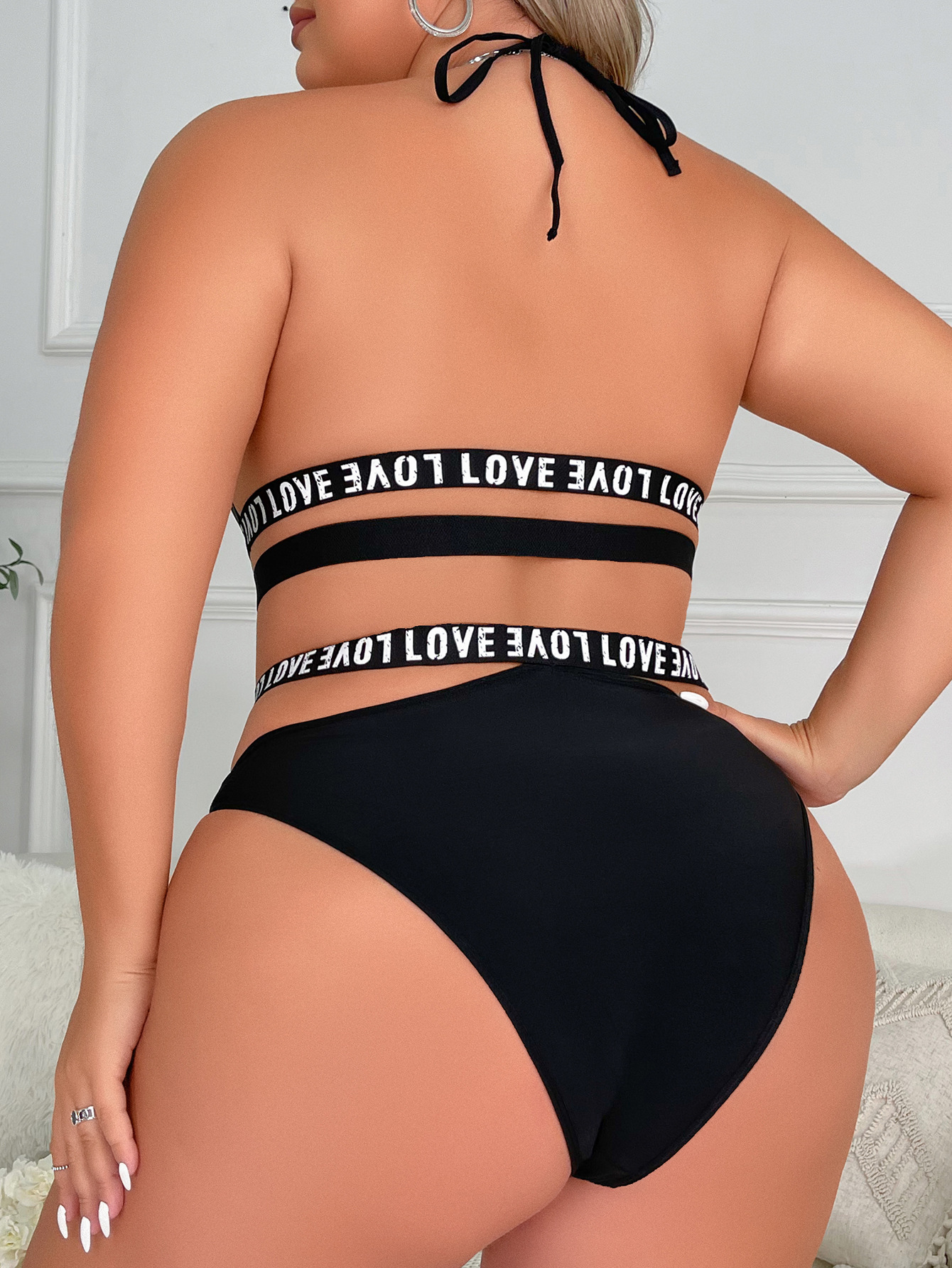 Plus Size Women Print Cutout Halter Neck Two Piece Set Sexy Lingerie