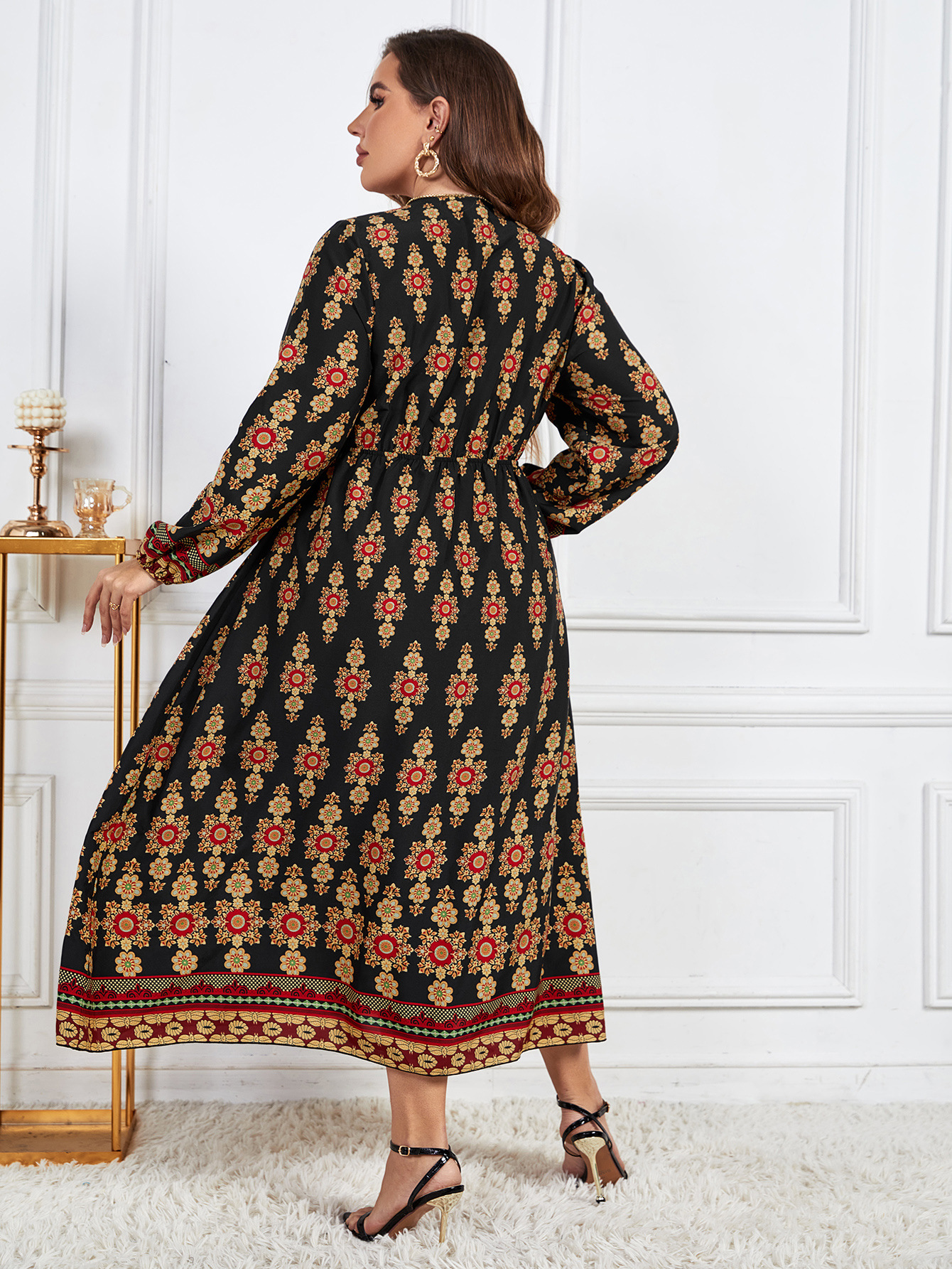 Plus Size Women V-Neck Long Sleeve Printed Dress