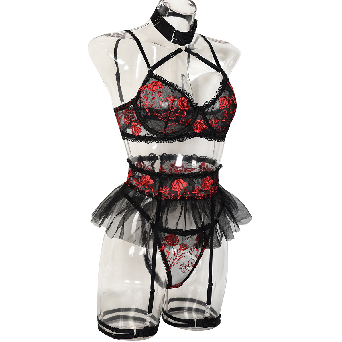 Flower embroidery mesh Patchwork sling Halter Neck sexy lingerie four-piece set for women