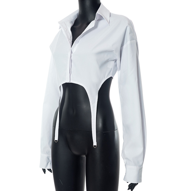 Women's Summer Casual Solid Turndown Collar Button Down Crop Shirt Slim Fit Long Sleeve Top