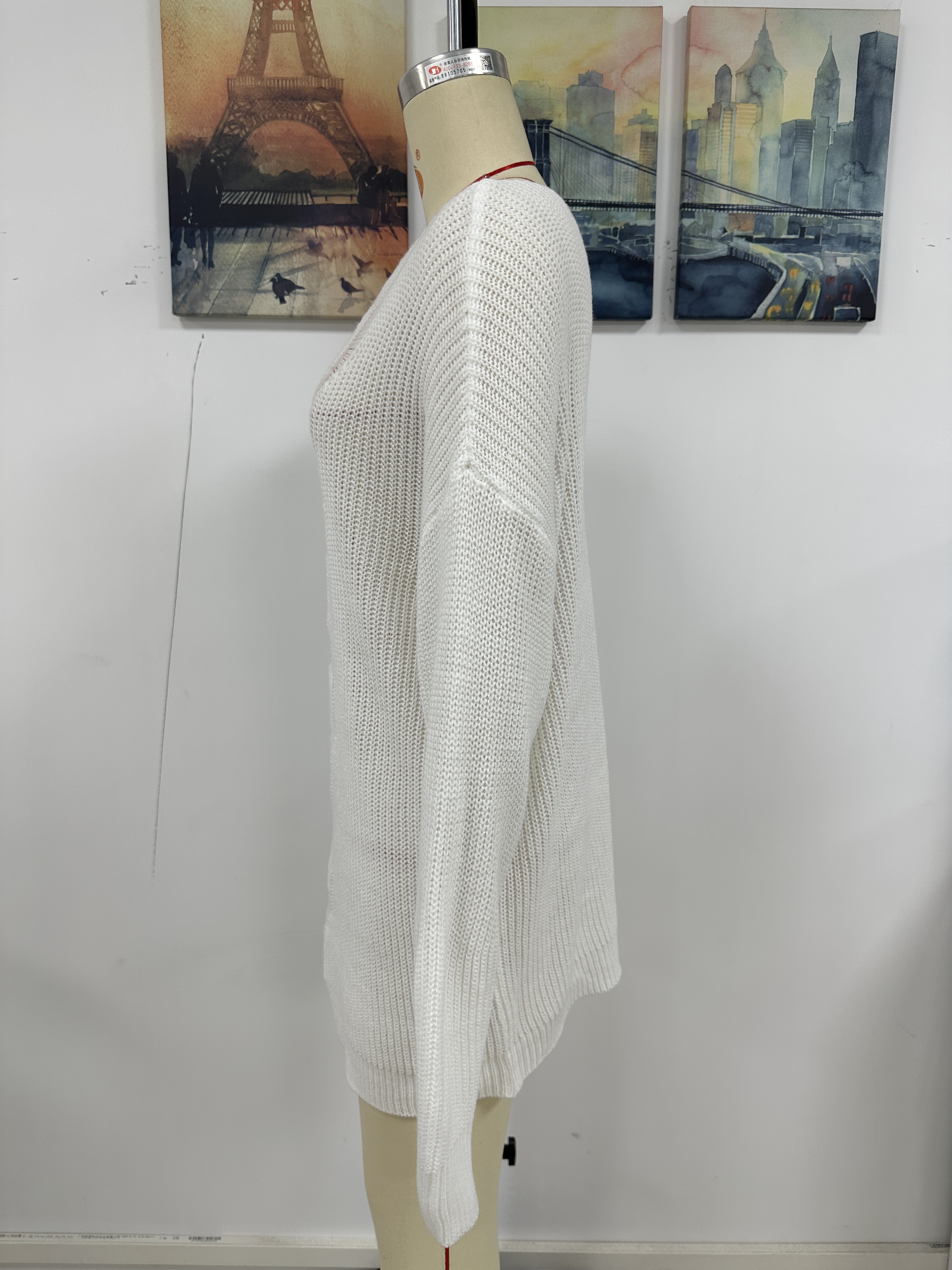 Women Solid Button Rope Knitting Oversized Sweater