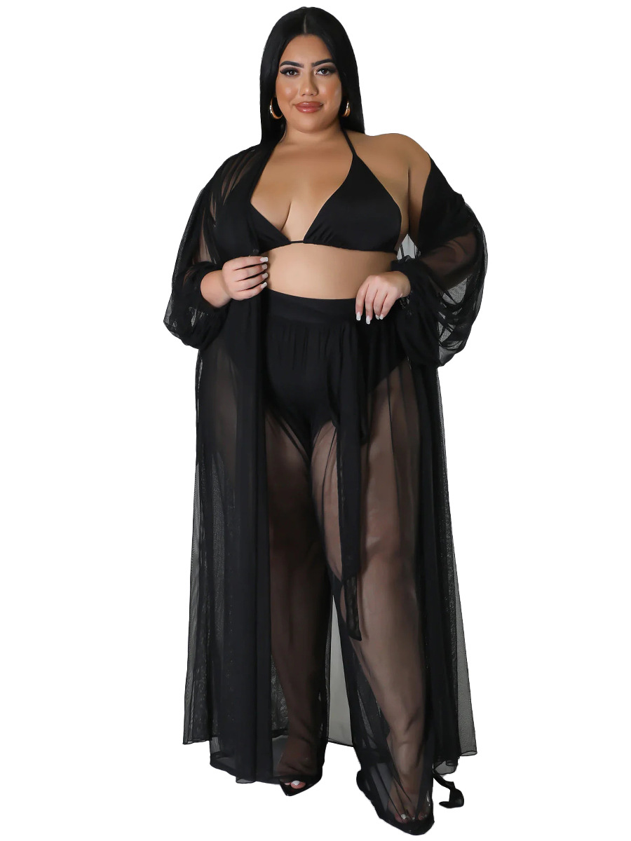 Women's Solid Bat Sleeves Sexy See-Through Long Sleeve Plus Size Two-Piece Pants Set