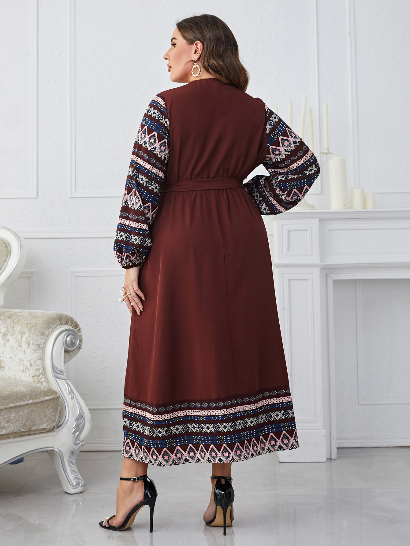 Plus Size Women Tie V-Neck Long Sleeve Dress