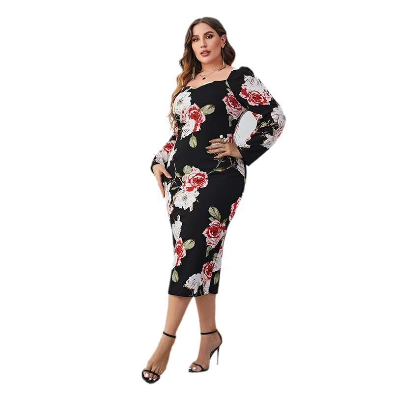 Plus Size Printed Square Neck Slim Waist Bodycon Long Sleeve Dress