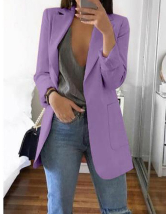 Spring Fall Women's Long Sleeve Plain Pocket Cardigan Blazer Jacket