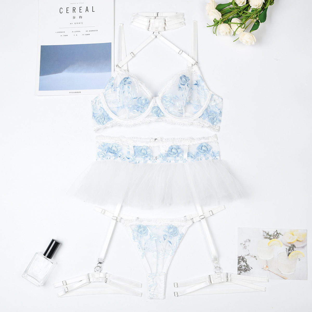 Flower embroidery mesh Patchwork sling Halter Neck sexy lingerie four-piece set for women