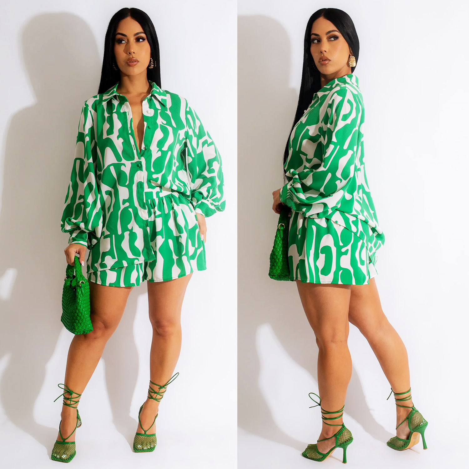 Summer Women Casual Loose Long Sleeve Top and Shorts Two Piece Set