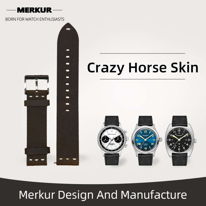 New MERKUR Watch Wild Leather Band Strap 20MM  From Merkur Military  water Resist For Mens Womens Watches Diver Chronograph Tourbillon Vintage Retro Pilot Watch Seagull 1963