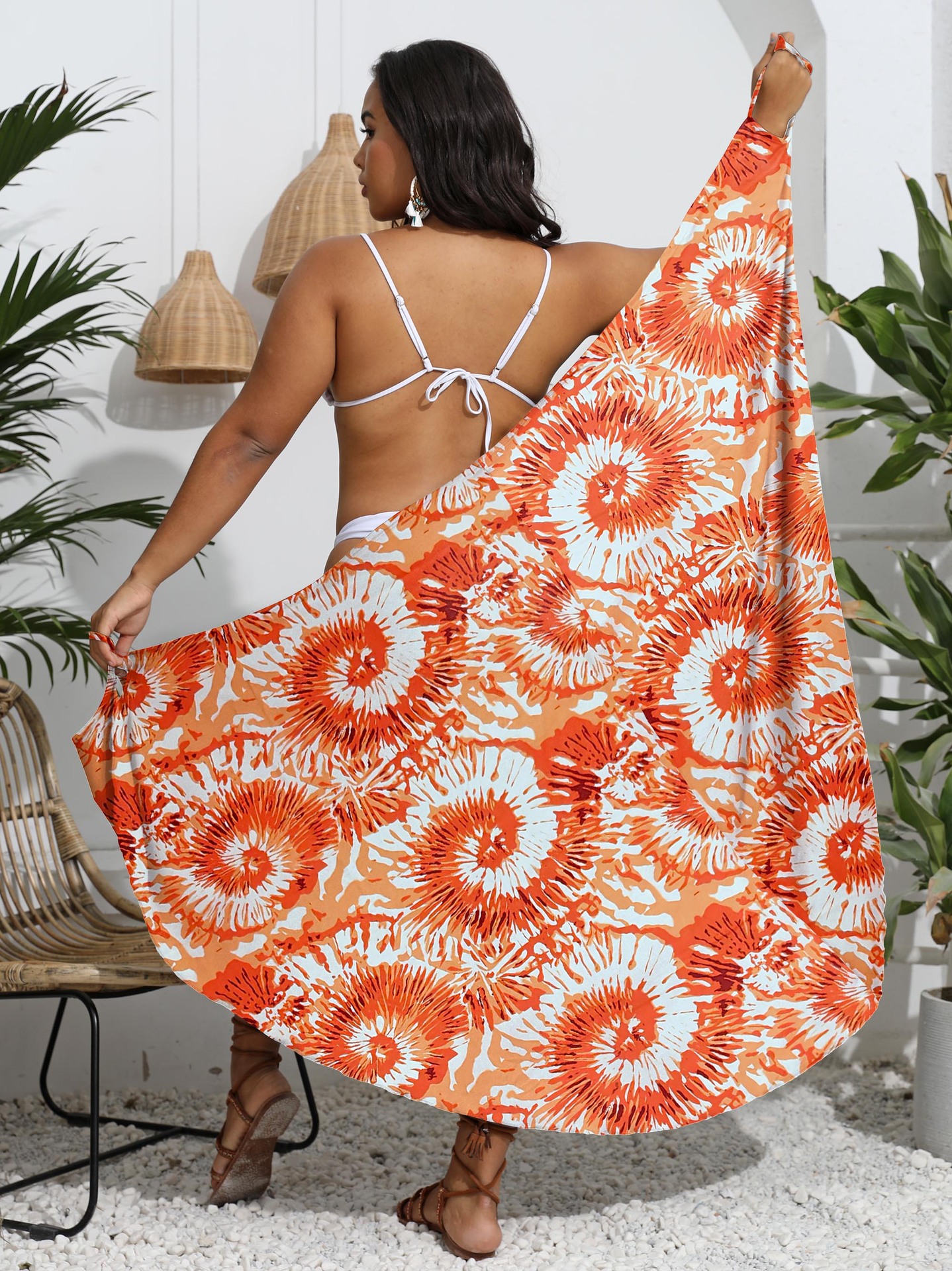 Plus Size Women Printed One Piece Irregular Shawl Beach Dress