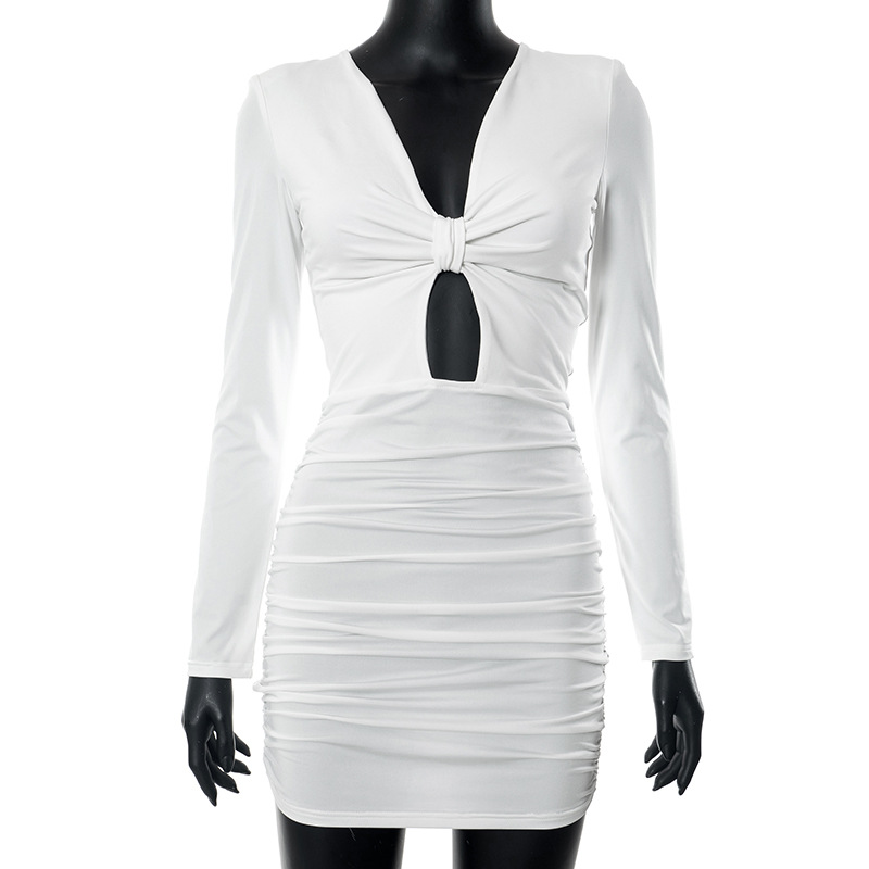 Women Summer Solid Casual Long Sleeve Knot Pleated Dress