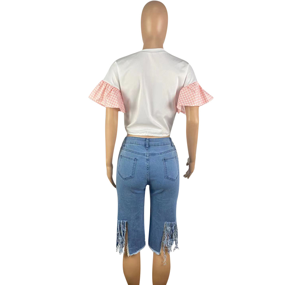 Women Round Neck Beaded Rhinestone Lace-Up Bell Bottom Sleeve Shirt