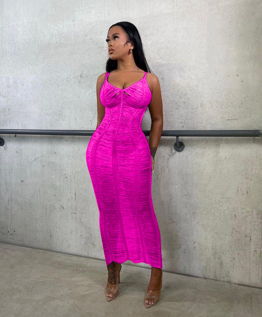 Women Casual Solid knitting Hollow Strap Beach Dress