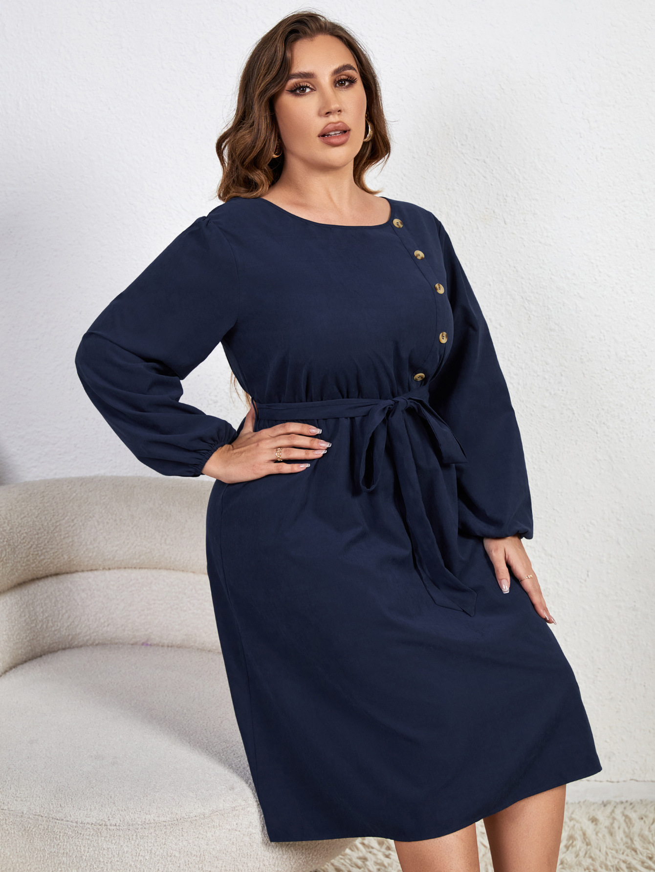 Solid Plus Size Loose High Waist Tie Round Neck Dress