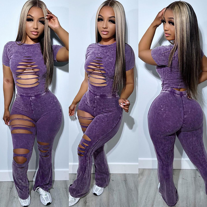 Women Summer Ripped Short Sleeve Top and Pant Casual Two Piece Set