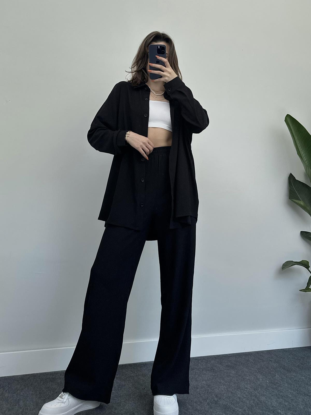 Women's Summer Chic Solid Long Sleeve Shirt Coat Wide Leg Pants Casual Two-Piece Set