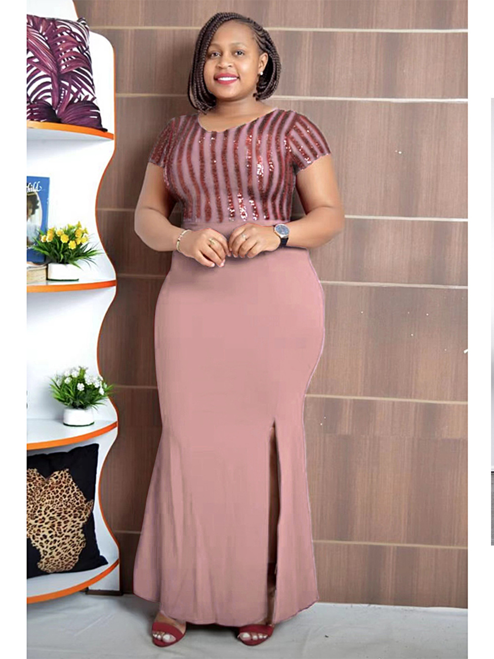 Plus Size African Dress Party Round Neck Solid Dress