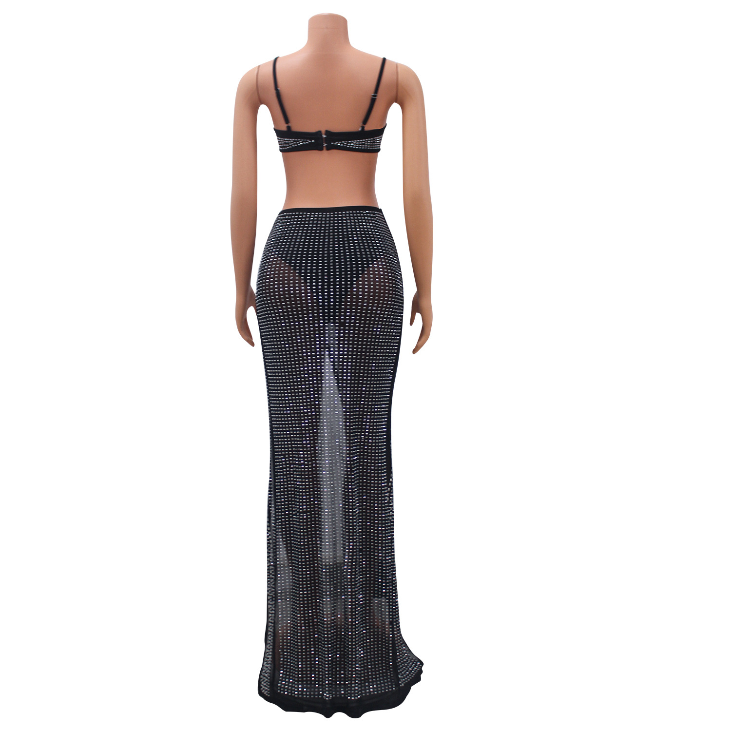 Summer Women's Sexy Mesh Beaded Nightclub Dress Two-Piece Set