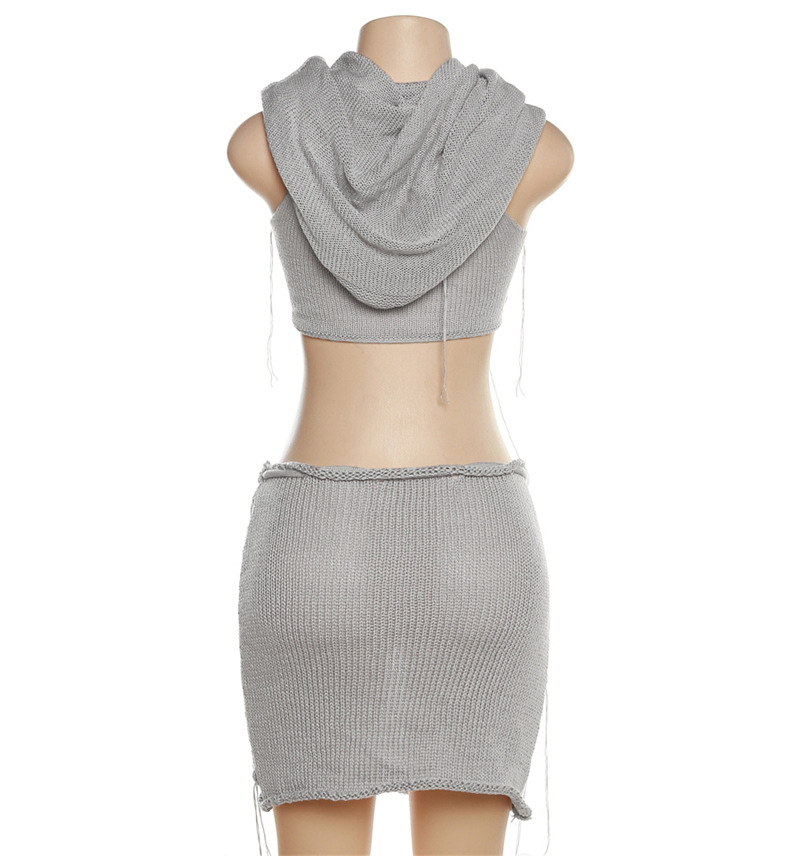 Summer Women Sexy Hollow Knitting Hooded Top and Skirt Two Piece Set