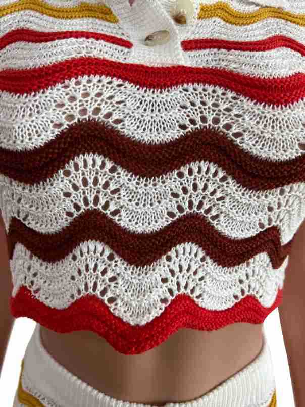 Women Knitting Casual Stripe Short Sleeve Top and Shorts Two Piece Set