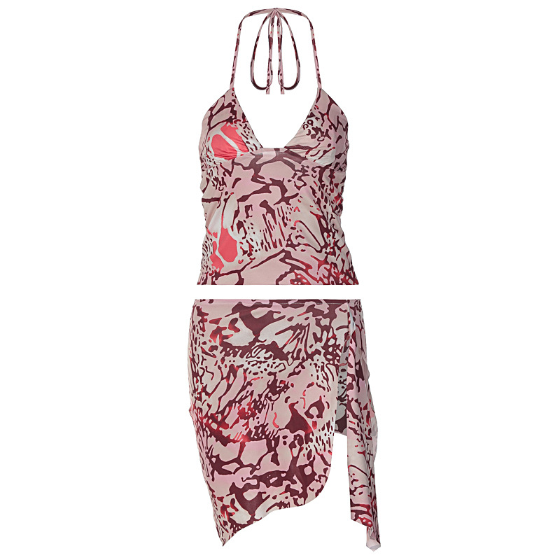 Women Summer Printed Backless Top and Printed Slit Skirt Two Piece Set