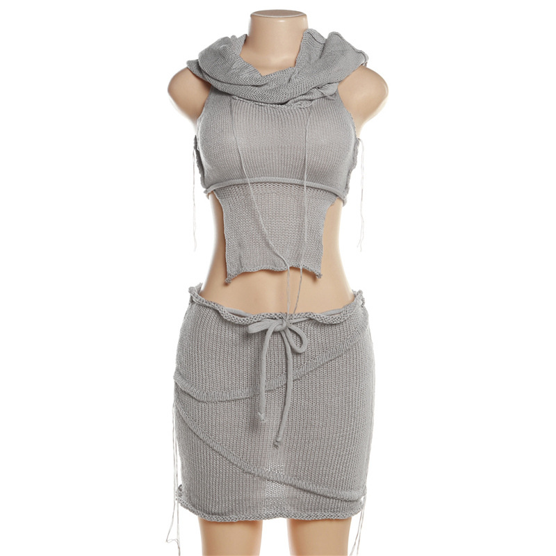 Summer Women Sexy Hollow Knitting Hooded Top and Skirt Two Piece Set
