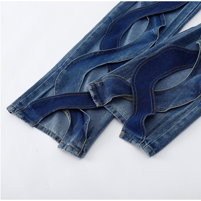 Women Summer Casual Cutout Metal Buckle Denim Pants