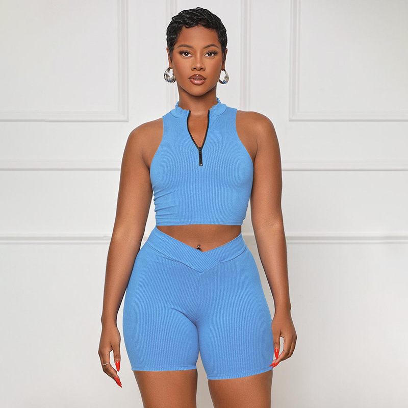 Women Summer Solid Sleeveless Zipper Collar Crop Top and Shorts Two Piece Set