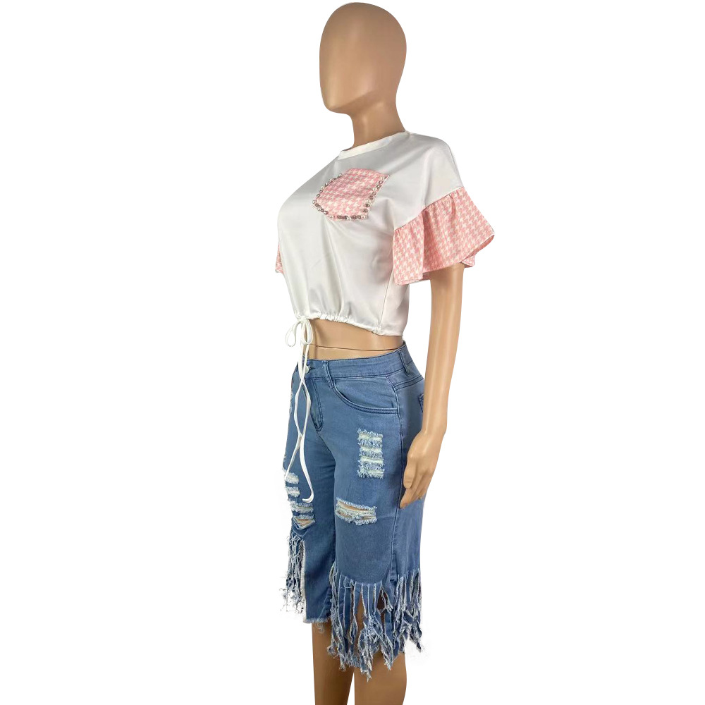 Women Round Neck Beaded Rhinestone Lace-Up Bell Bottom Sleeve Shirt