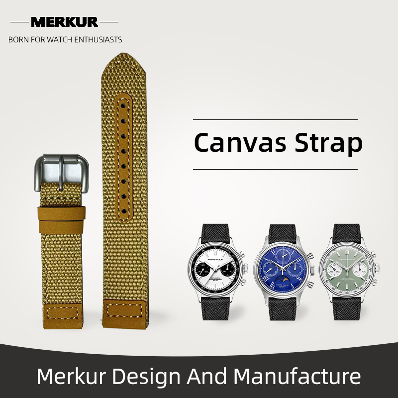 New MERKUR Watch Pilot Military Band Strap Canvas 20MM Military Leather water Resist For Mens Womens Watches Diver Chronograph Tourbillon Vintage Retro Pilot Watch